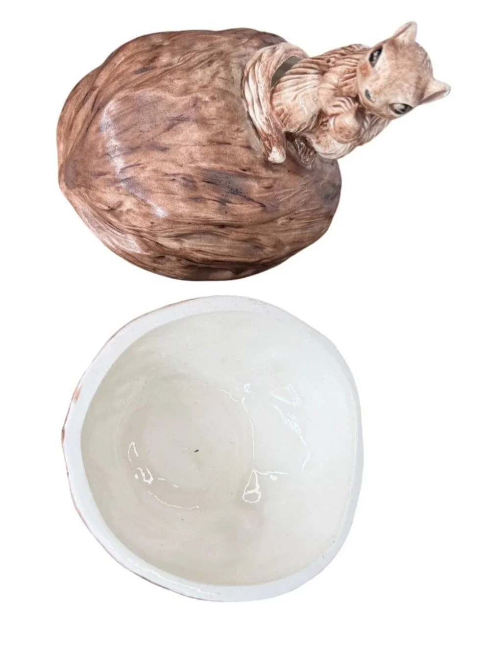 Vintage Ceramic Squirrel on Walnut Lidded Dish - Mid-Century Candy Bowl, Woodlan